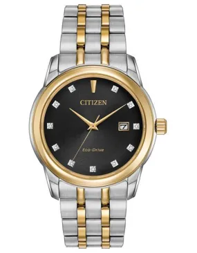 Citizen Mens Eco-Drive Diamond Watch - Two Tone - Black Dial - Bracelet - Date