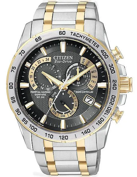 Citizen Mens Perpetual Chrono AT  - Two-Tone - Black Dial - 5 Time Zones