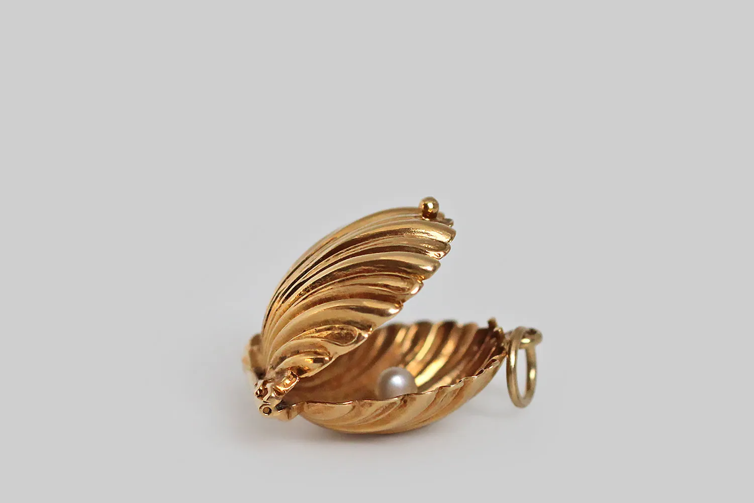 Dainty Mid 20th Century Mechanical Seashell with Pearl Charm in 14k Gold