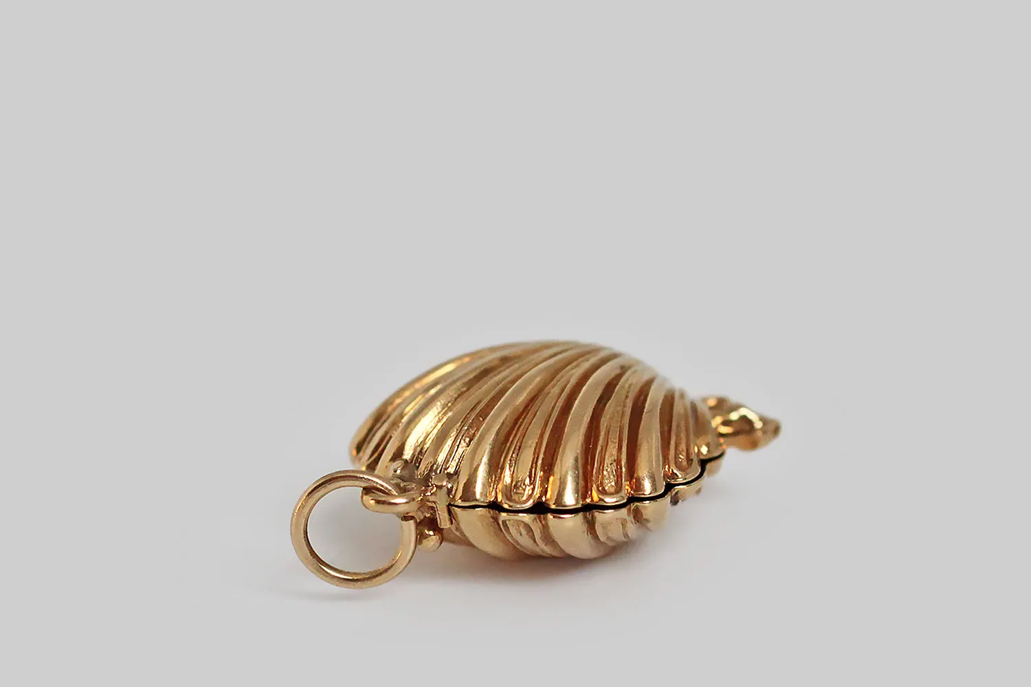 Dainty Mid 20th Century Mechanical Seashell with Pearl Charm in 14k Gold