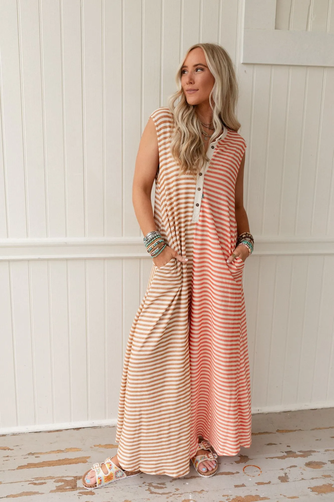 Daphne Striped Wide Leg Jumpsuit - Coral Multi