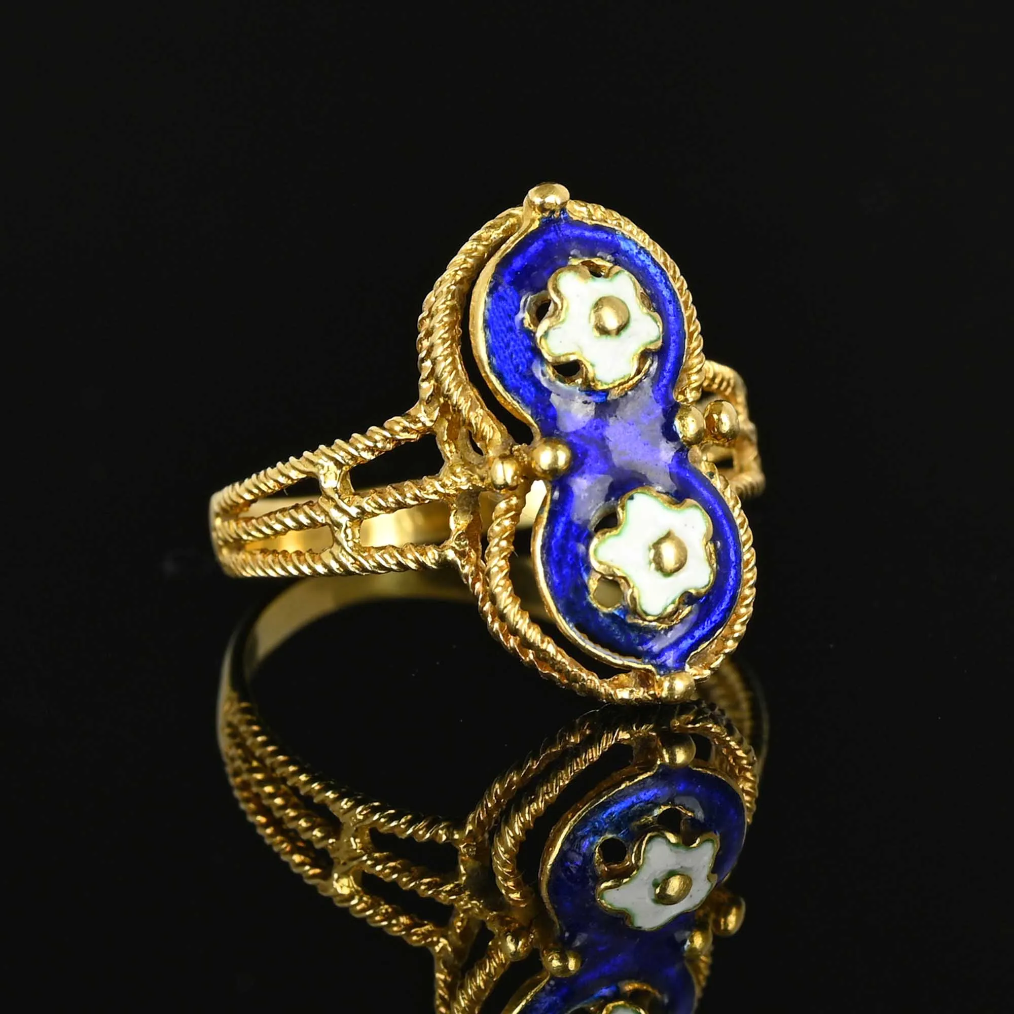 Fine 18K Gold Blue Guilloche Enamel Floral Ring