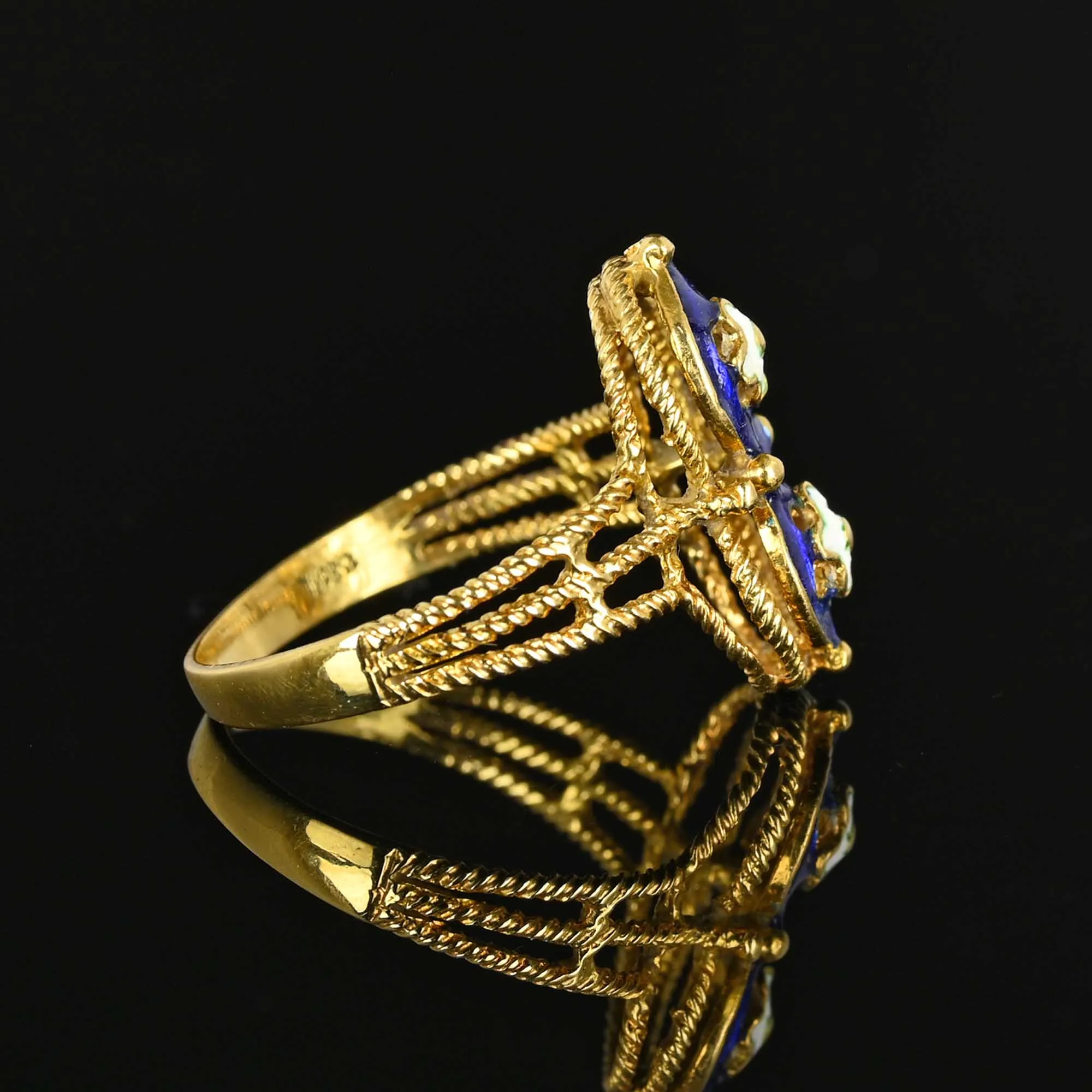 Fine 18K Gold Blue Guilloche Enamel Floral Ring