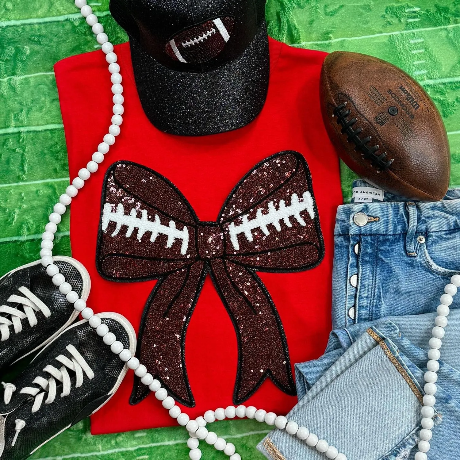 Football Sequin Bow Patch Everyday Tee