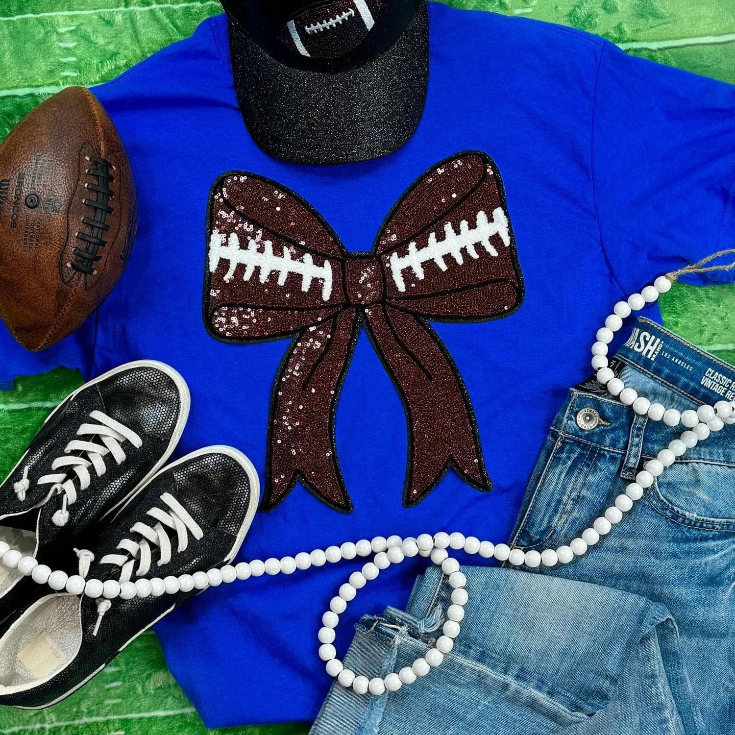 Football Sequin Bow Patch Everyday Tee