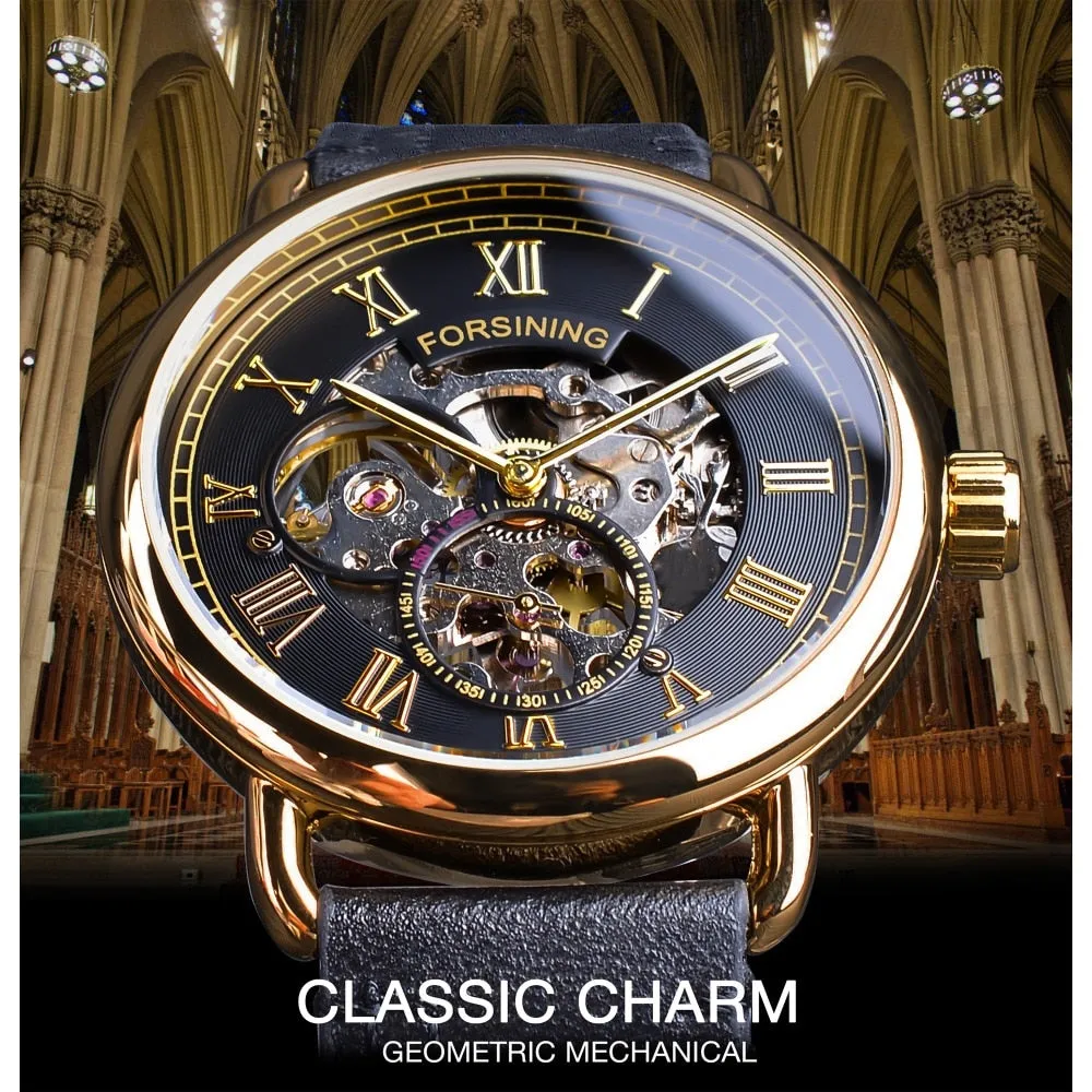 Forsining Classic Golden Openwork Genuine Leather