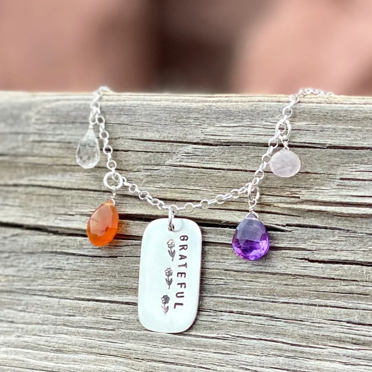 GRATEFUL Motivational Dog Tag Necklace with Healing Crystals