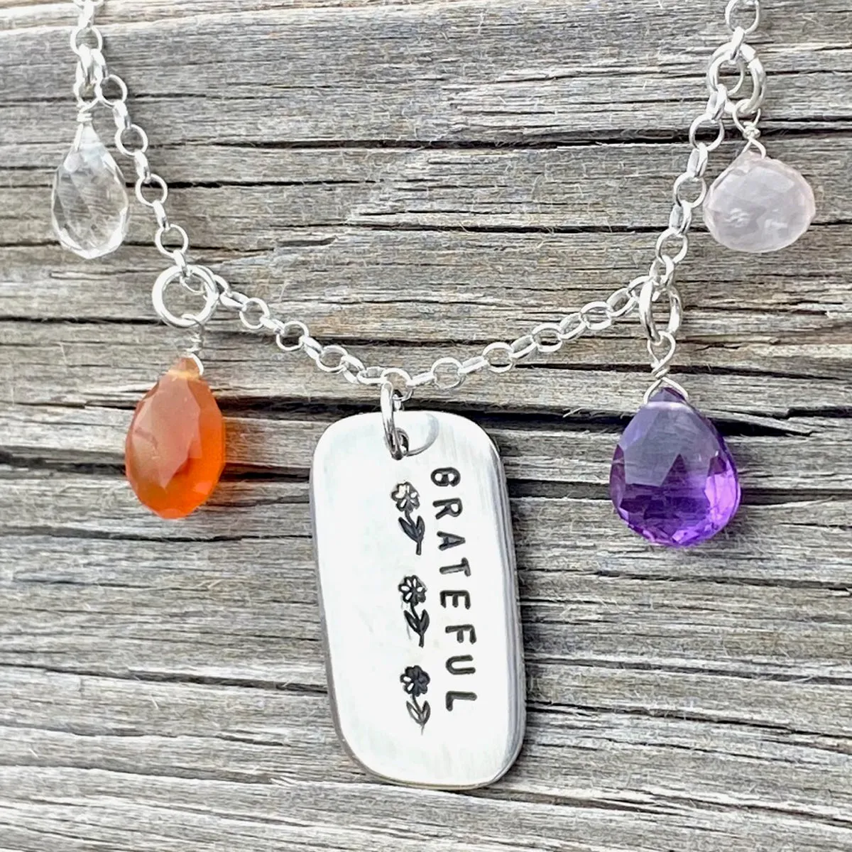 GRATEFUL Motivational Dog Tag Necklace with Healing Crystals