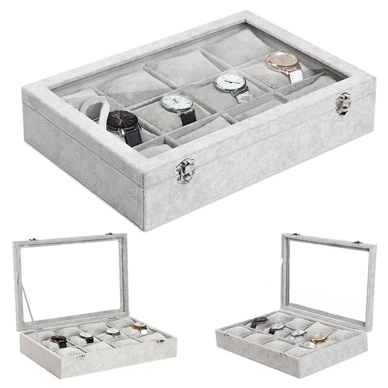 Gray Velvet Watch and Jewelry Display Storage Box