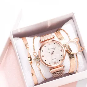 Hollow Kitty Fashion 5pcs Luxury Watch with Rhinestones Magnet Buckle Quartz Wrist Watch Bracelet Set