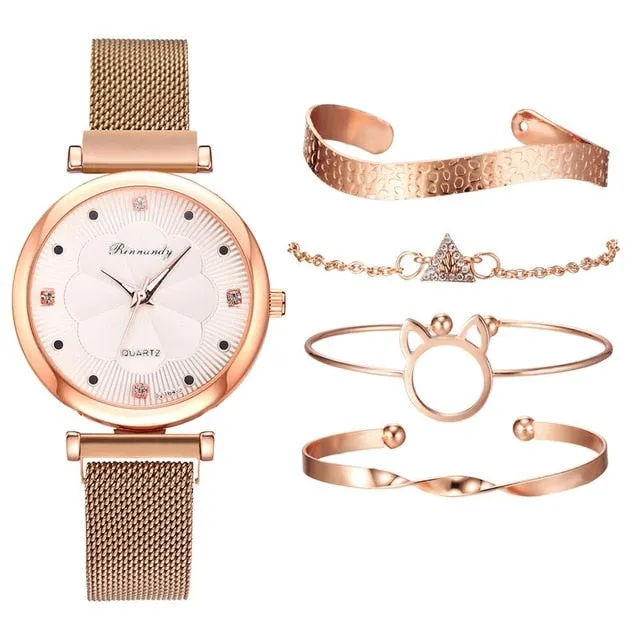 Hollow Kitty Fashion 5pcs Luxury Watch with Rhinestones Magnet Buckle Quartz Wrist Watch Bracelet Set