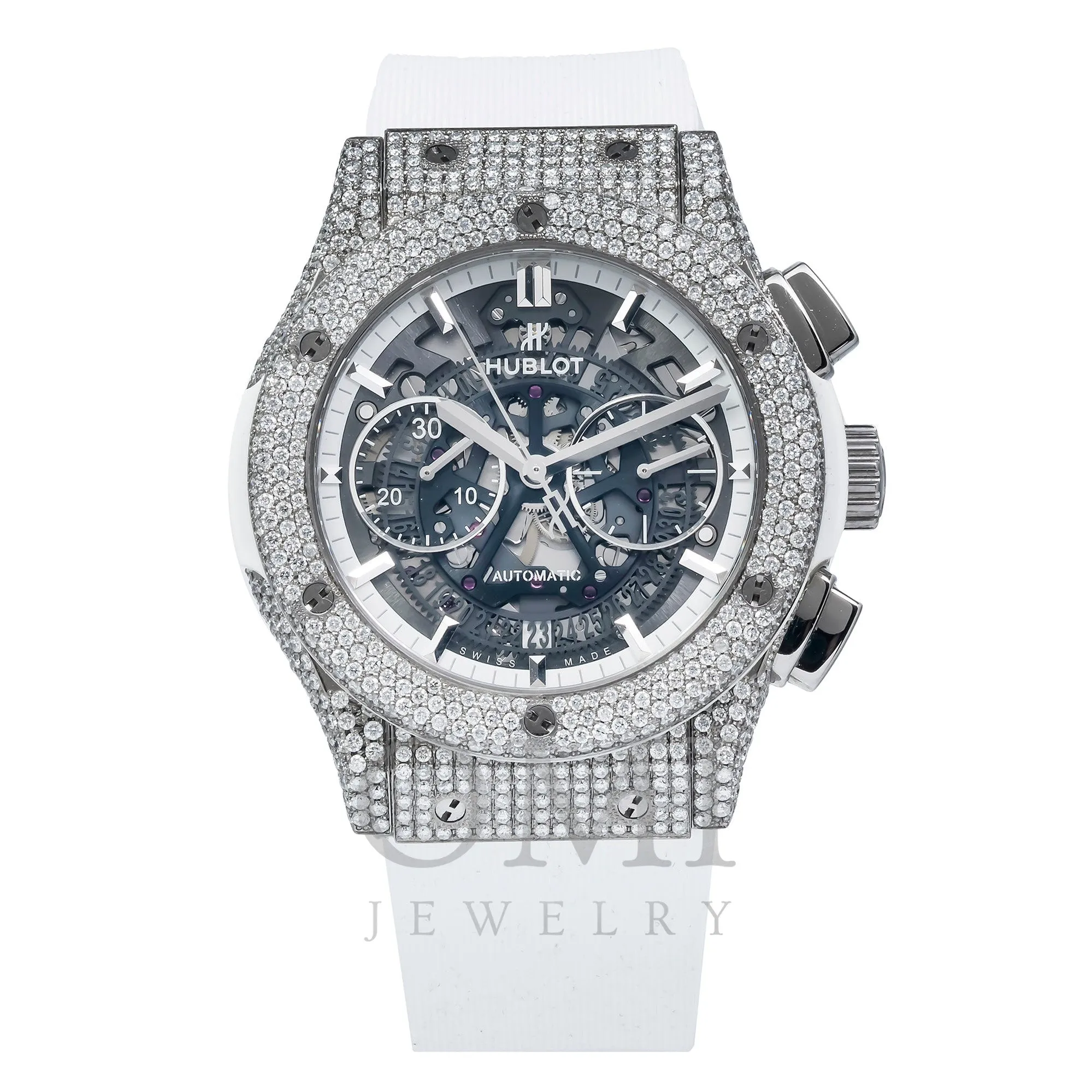 Hublot Classic Fusion Aerofusion 45MM Skeleton Diamond Dial And Bezel With White Rubber Bracelet