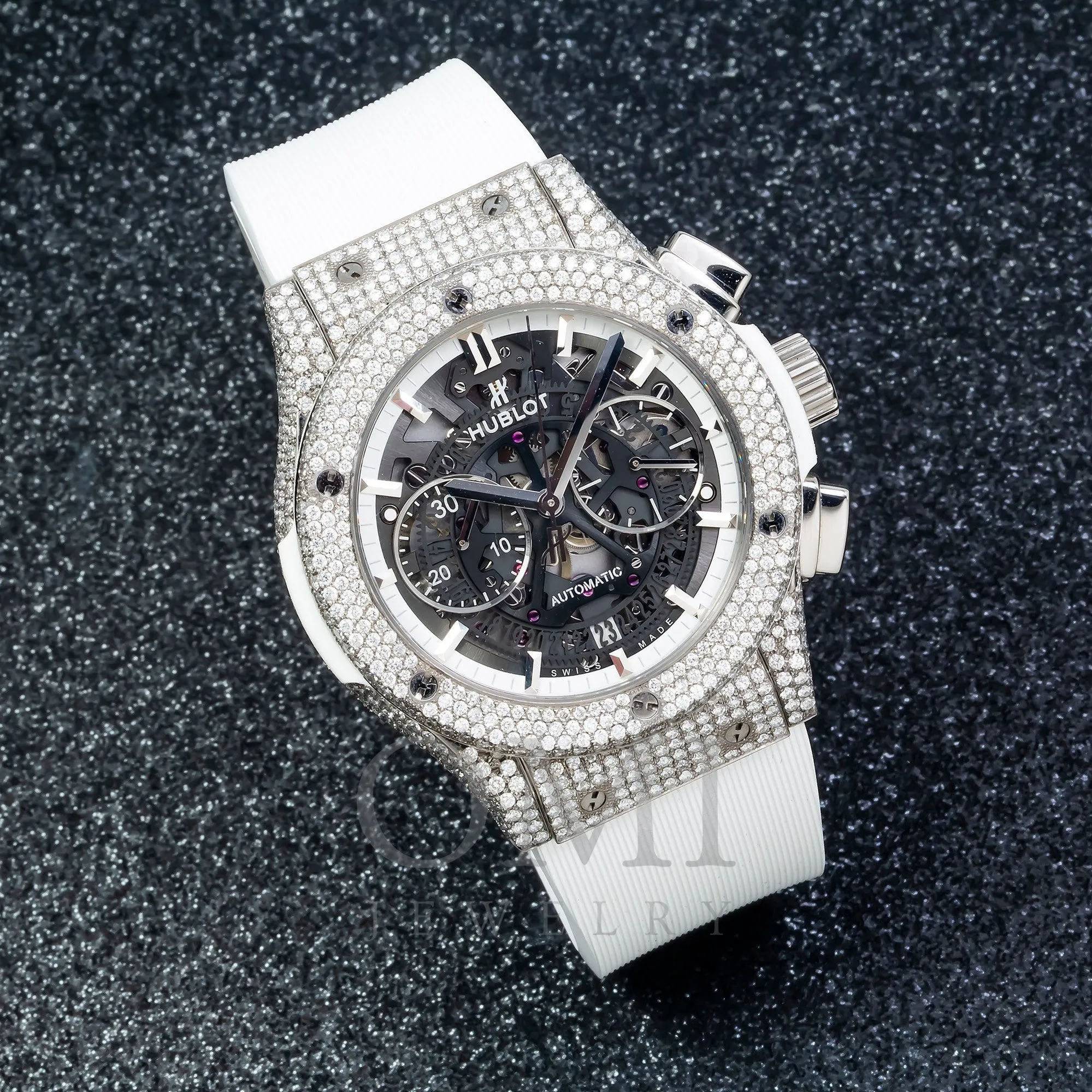 Hublot Classic Fusion Aerofusion 45MM Skeleton Diamond Dial And Bezel With White Rubber Bracelet