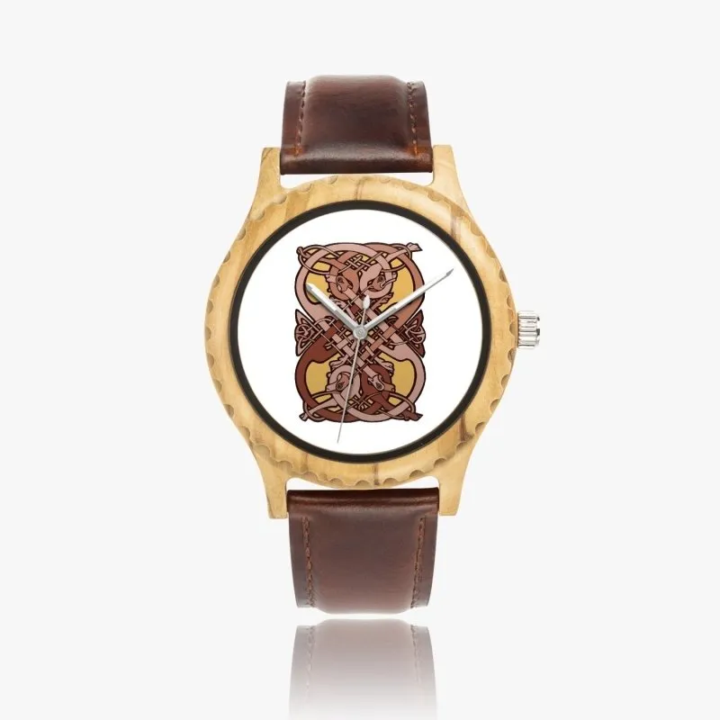 Italian Olive Lumber Wooden Watch - Leather Strap - Celtic graphic style