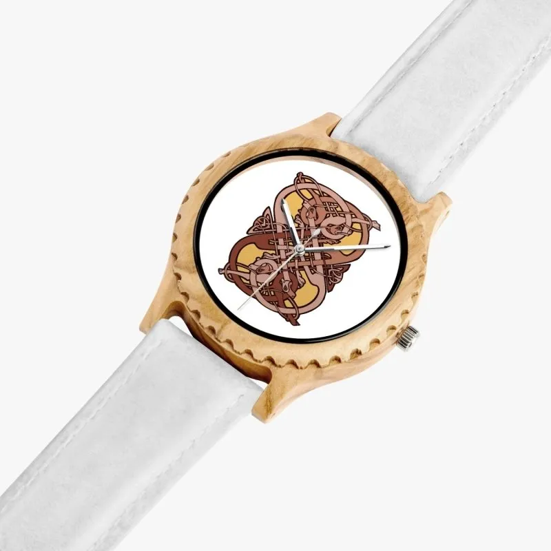 Italian Olive Lumber Wooden Watch - Leather Strap - Celtic graphic style