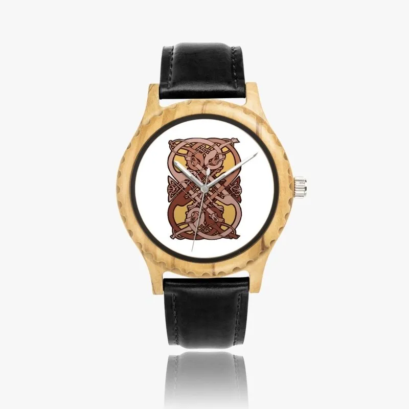 Italian Olive Lumber Wooden Watch - Leather Strap - Celtic graphic style