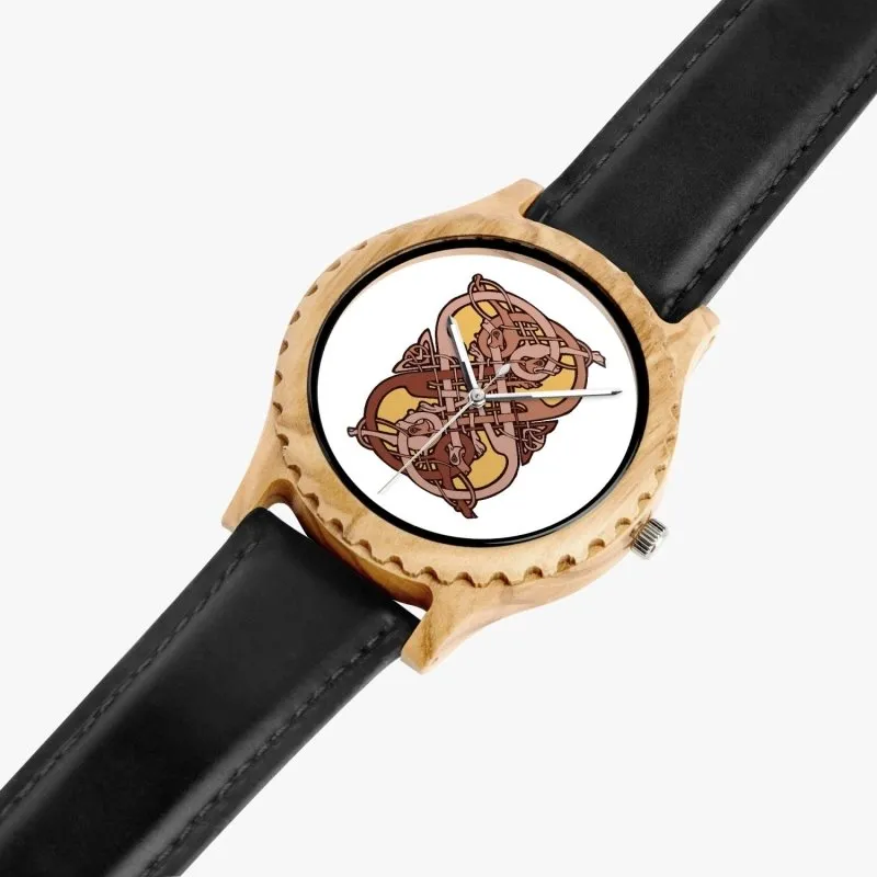 Italian Olive Lumber Wooden Watch - Leather Strap - Celtic graphic style