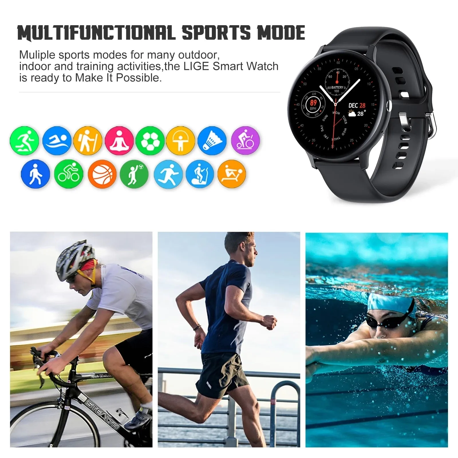 LIGE  Bluetooth Answer Call Smart Watch Men Full Touch Dial Call Fitness Tracker IP68 Waterproof 5G ROM Smartwatch for xiaomi