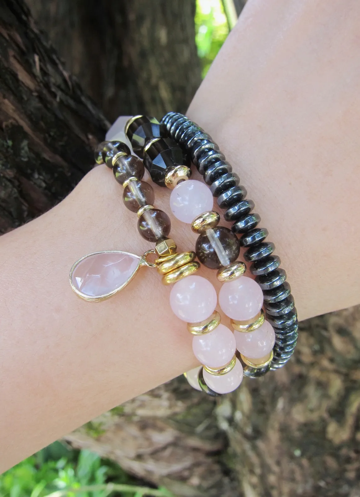 Love, Fertility, Balance, Grounding - Rose Quartz, Smoky Quartz Mala Bracelet in 27 Beads