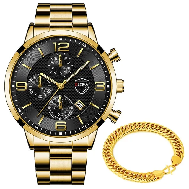 Luxury Mens Gold Bracelet Business Watches Stainless Steel Quartz Watch Male Sports Calendar Luminous Clock relogio masculino