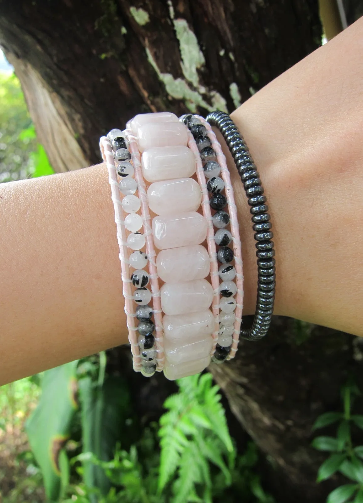 Madagascar Pink Rose Quartz Gemstone Leather Cuff Wrap Bracelet (wrist 6.5 - 7.5 inch) - Limited Edition