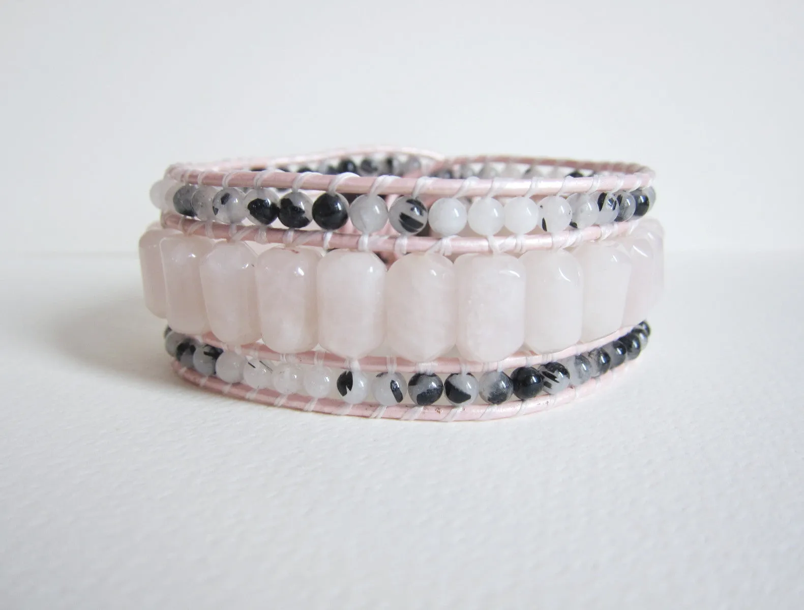 Madagascar Pink Rose Quartz Gemstone Leather Cuff Wrap Bracelet (wrist 6.5 - 7.5 inch) - Limited Edition