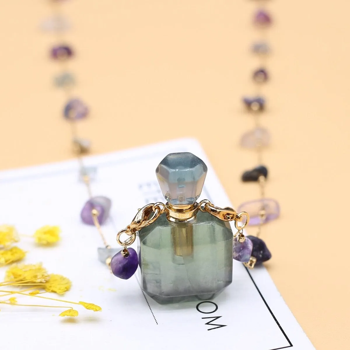 Natural Stone Fluorite Perfume Bottle Pendant Necklace