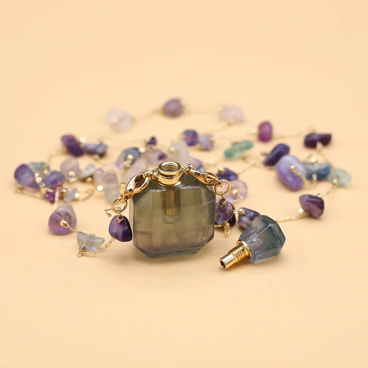 Natural Stone Fluorite Perfume Bottle Pendant Necklace