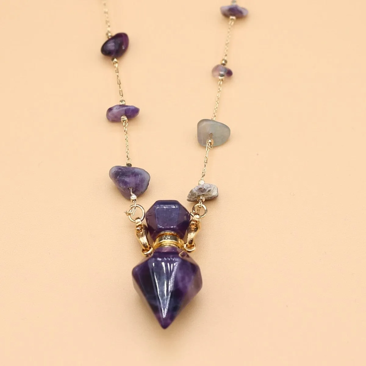 Natural Stone Fluorite Perfume Bottle Pendant Necklace