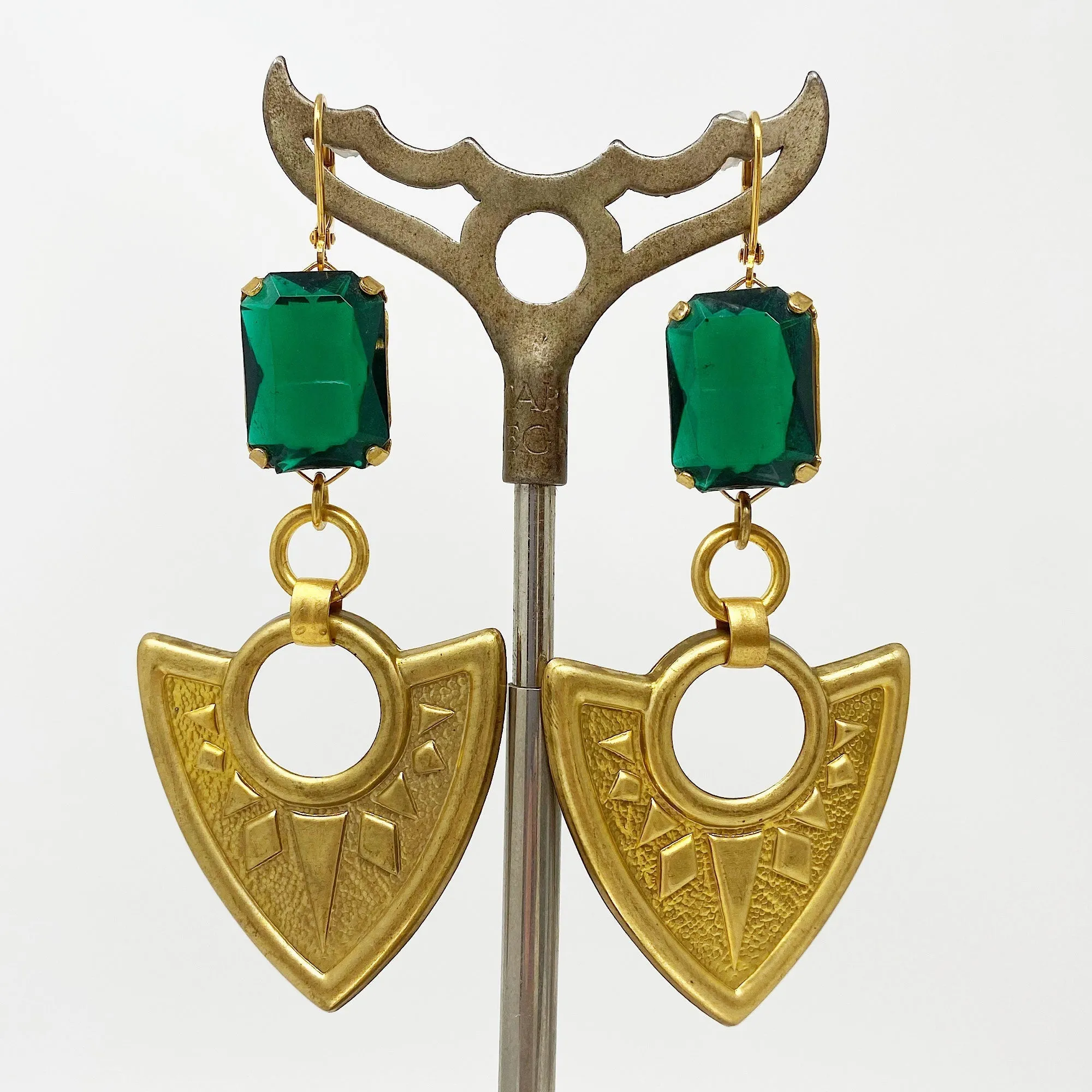 OCTAVIUS statement emerald green shield earrings