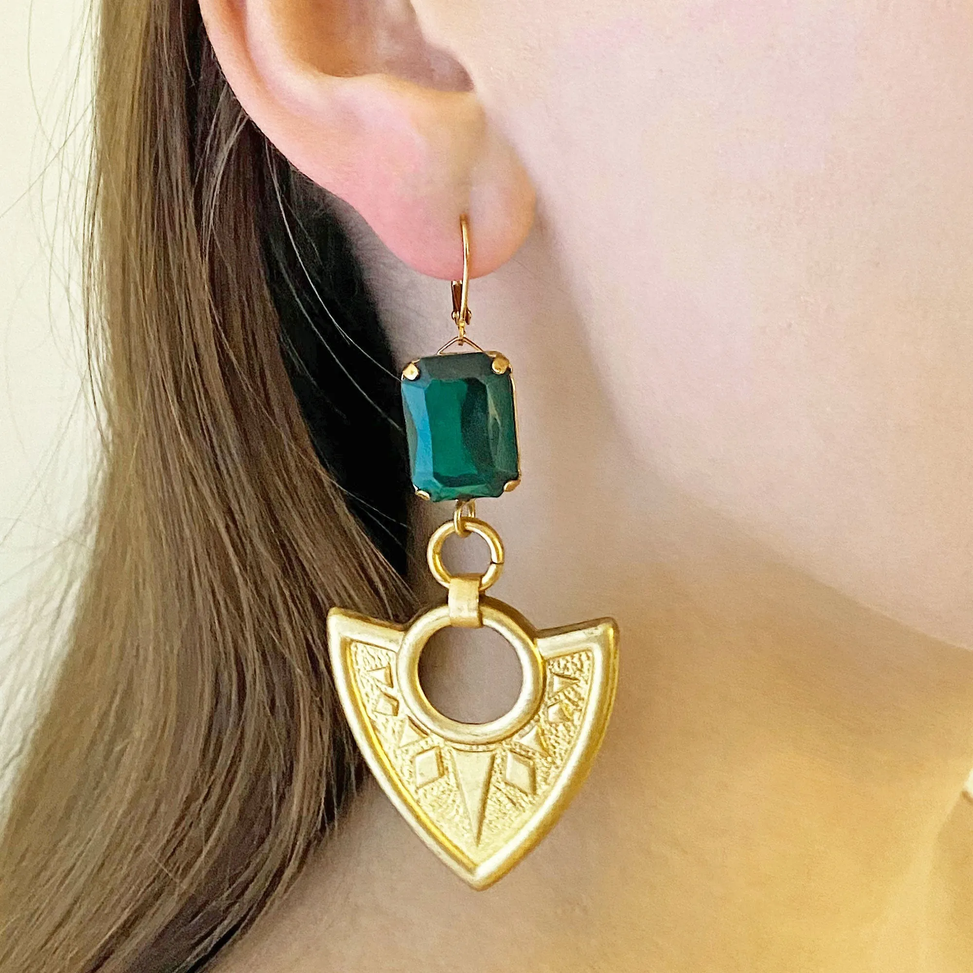 OCTAVIUS statement emerald green shield earrings