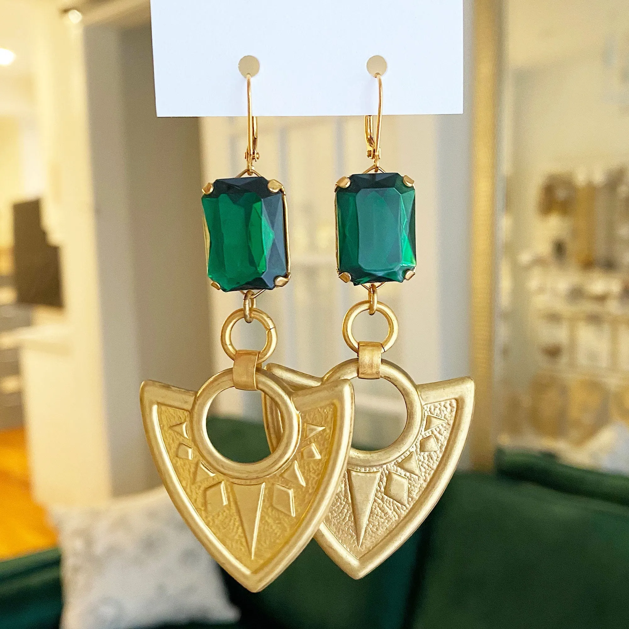 OCTAVIUS statement emerald green shield earrings