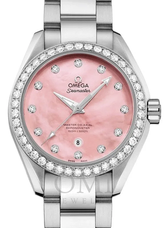 OMEGA SEAMASTER AQUA TERRA 150M MASTER CO-AXIAL CHRONOMETER 34MM STAINLESS STEEL DIAMOND BEZEL PINK DIAL DIAMOND INDEX STEEL 231.15.34.20.57.003 WITH STEEL BRACELET