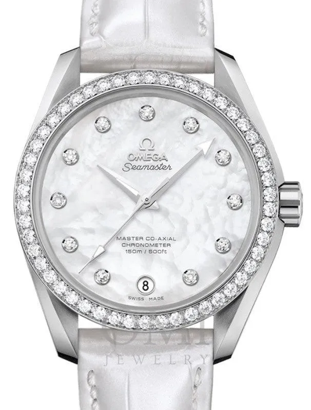 OMEGA SEAMASTER AQUA TERRA 150M MASTER CO-AXIAL CHRONOMETER LADIES 38.5 STAINLESS STEEL DIAMOND BEZEL WHITE MOTHER OF PEARL DIAL DIAMOND SET INDEX 231.18.39.21.55.001 WITH ALLIGATOR LEATHER STRAP