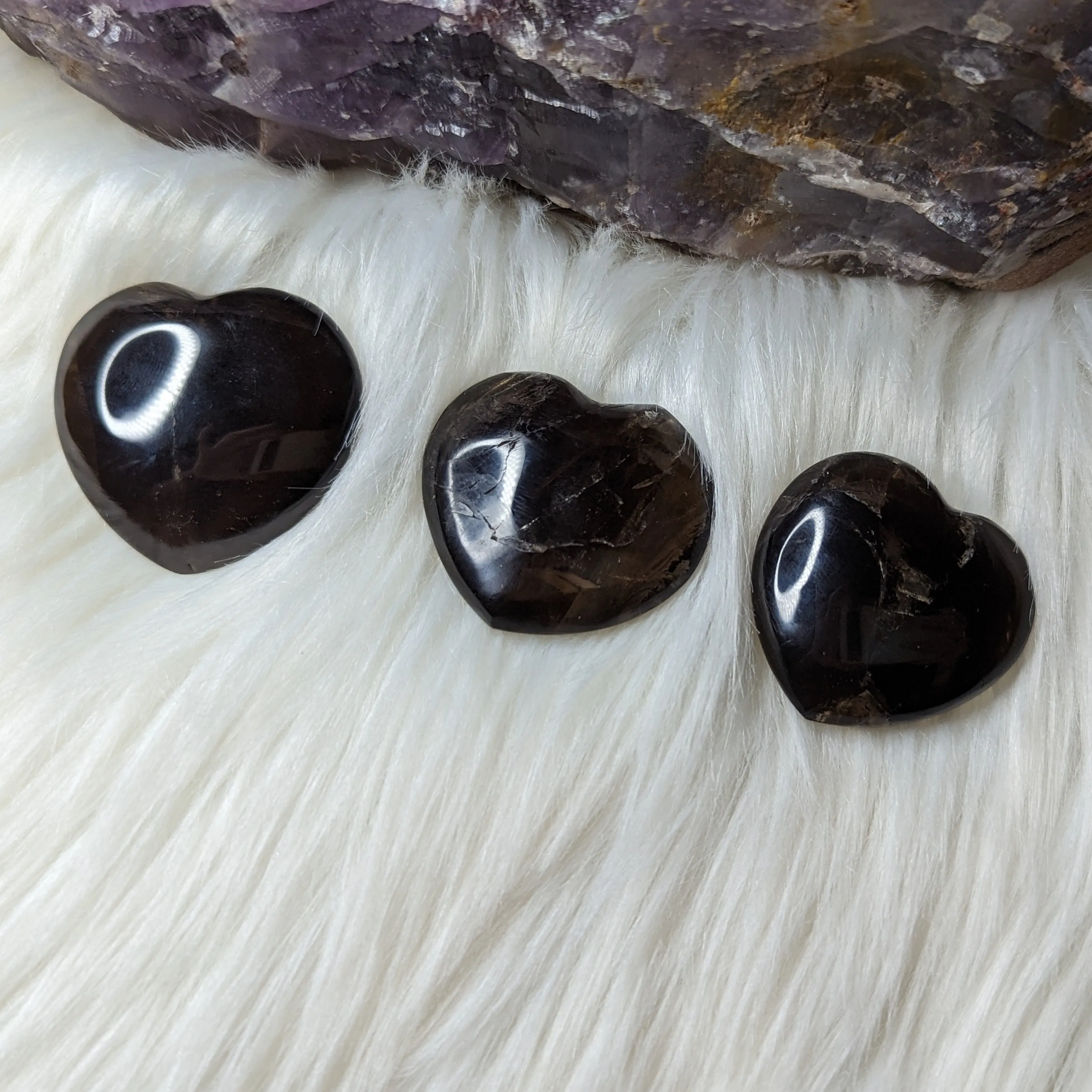 One Unique, Dark Smoky Quartz - Heart Carved Palm Stone ~ Adorable and Grounding ~