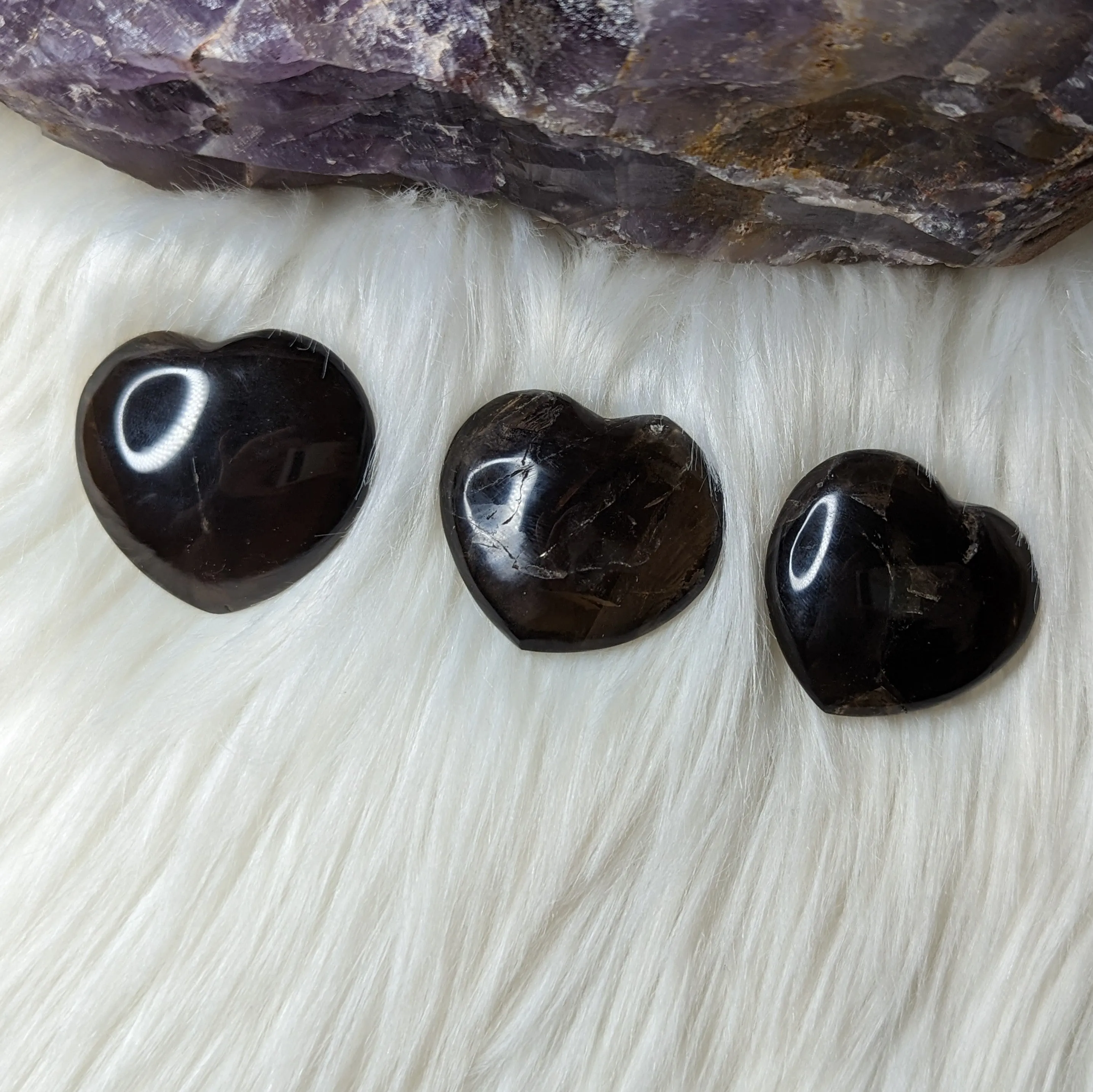 One Unique, Dark Smoky Quartz - Heart Carved Palm Stone ~ Adorable and Grounding ~