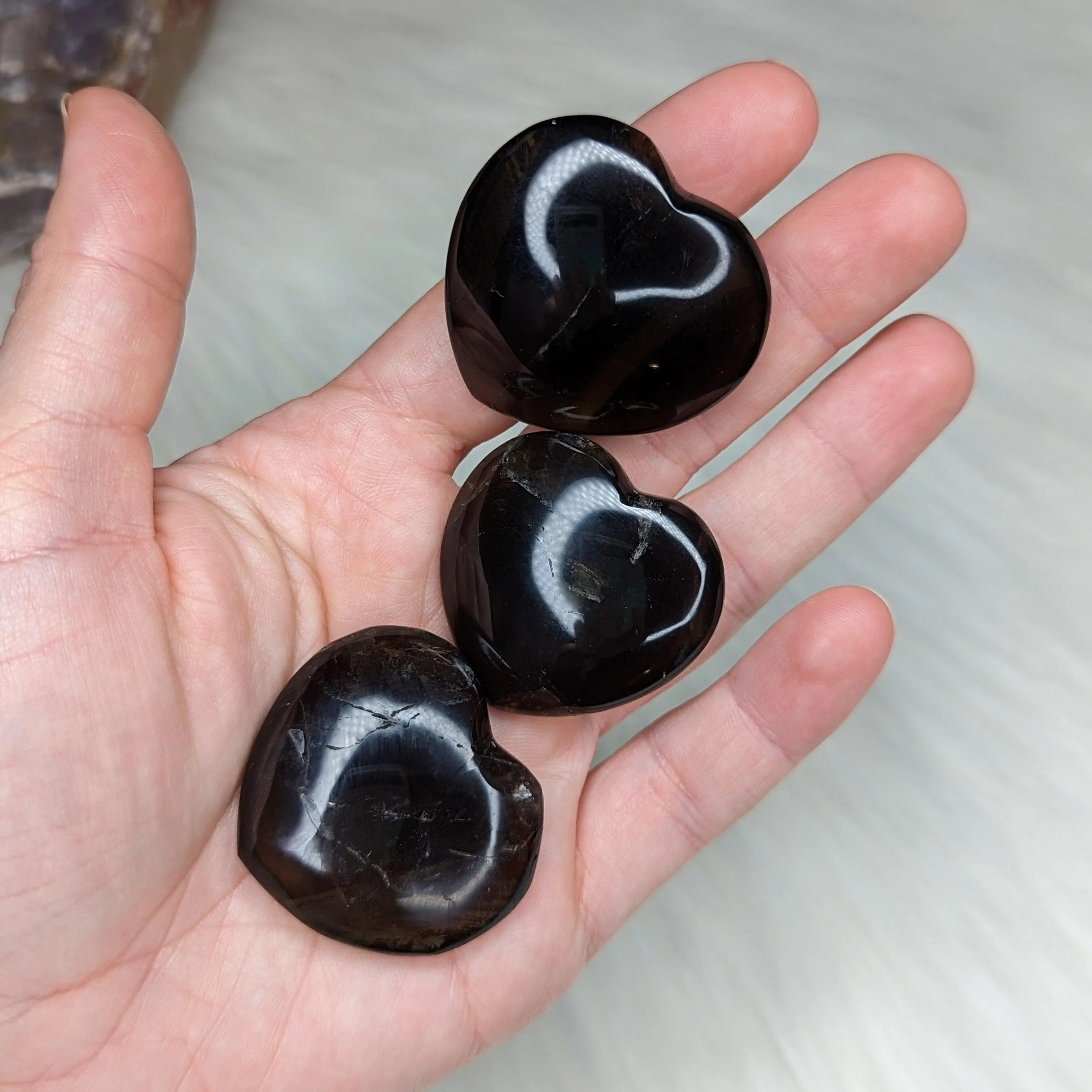 One Unique, Dark Smoky Quartz - Heart Carved Palm Stone ~ Adorable and Grounding ~