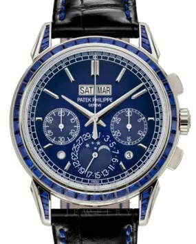 PATEK PHILIPPE GRAND COMPLICATIONS CHRONOGRAPH PERPETUAL CALENDAR PLATINUM SAPPHIRE SET BLUE DIAL 5271/11P-010 WITH LEATHER STRAP