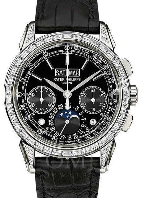 PATEK PHILIPPE GRAND COMPLICATIONS PERPETUAL CALENDAR MOON PHASES CHRONOGRAPH PLATINUM DIAMOND BAGUETTE BLACK 5271P-001 WITH LEATHER STRAP