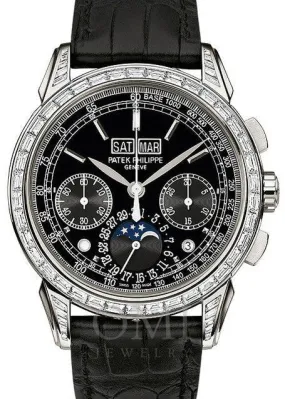 PATEK PHILIPPE GRAND COMPLICATIONS PERPETUAL CALENDAR MOON PHASES CHRONOGRAPH PLATINUM DIAMOND BAGUETTE BLACK 5271P-001 WITH LEATHER STRAP