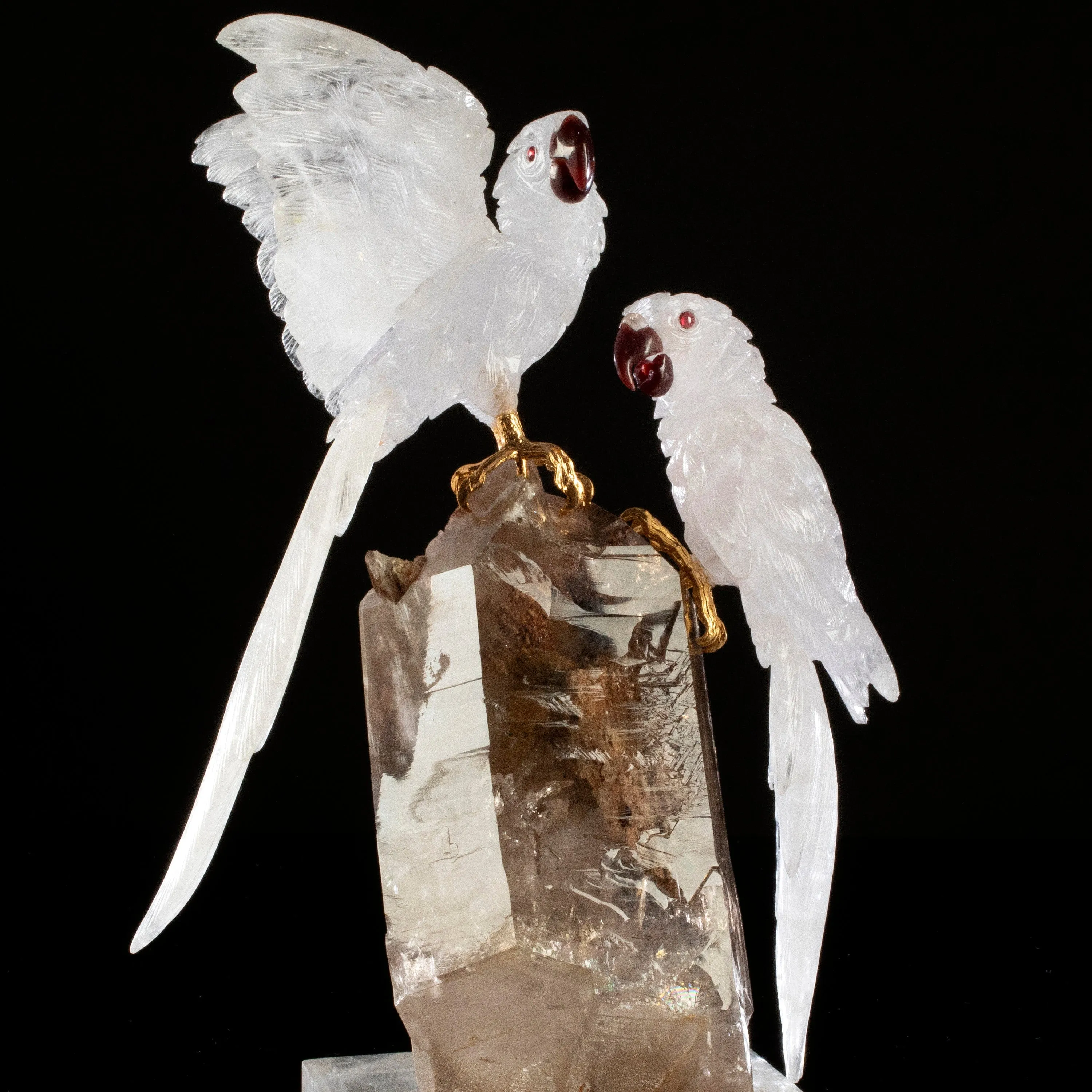 Peter Muller Blue Quartz Macaw Couple Love Birds Carving on Phantom Quartz Base