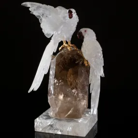 Peter Muller Blue Quartz Macaw Couple Love Birds Carving on Phantom Quartz Base