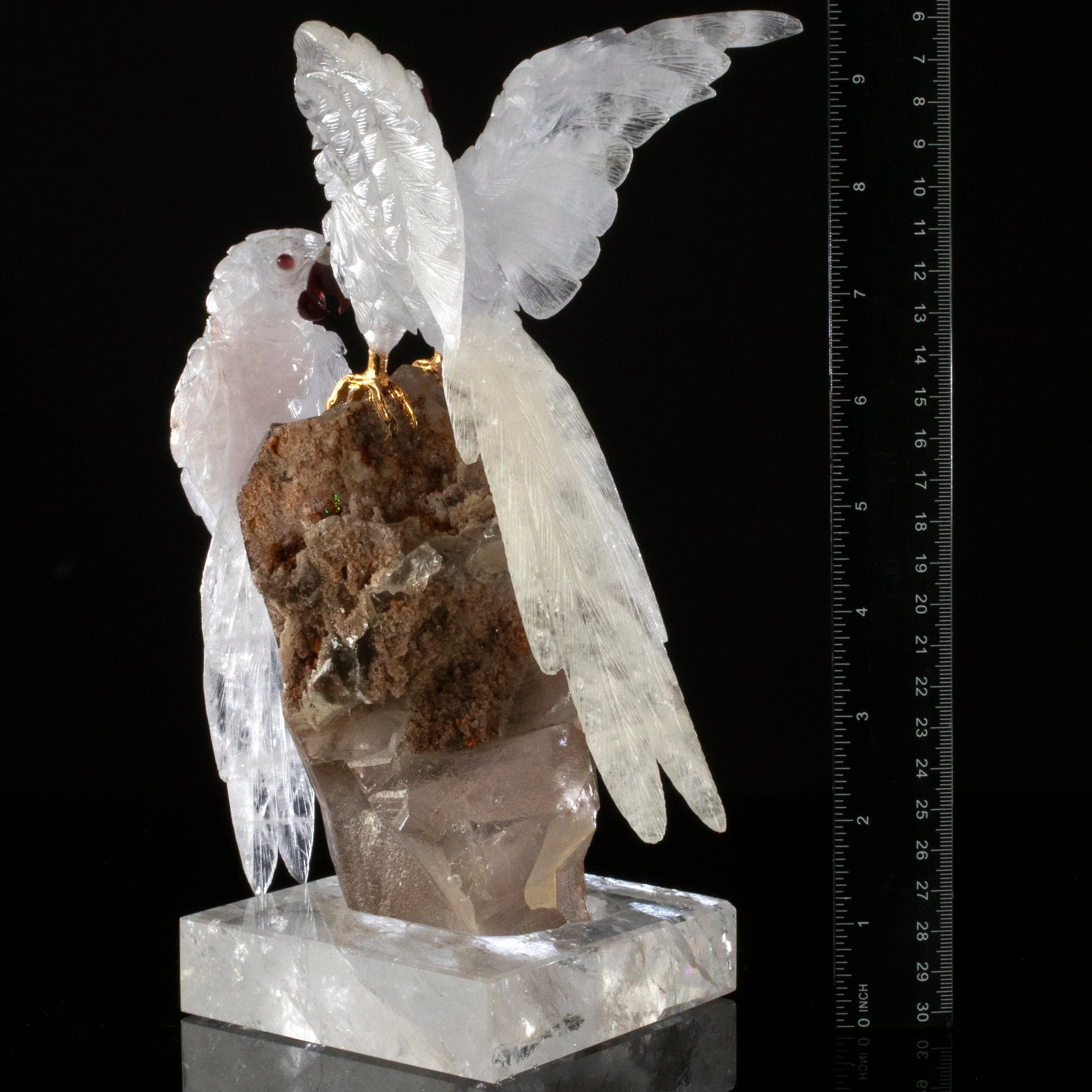 Peter Muller Blue Quartz Macaw Couple Love Birds Carving on Phantom Quartz Base