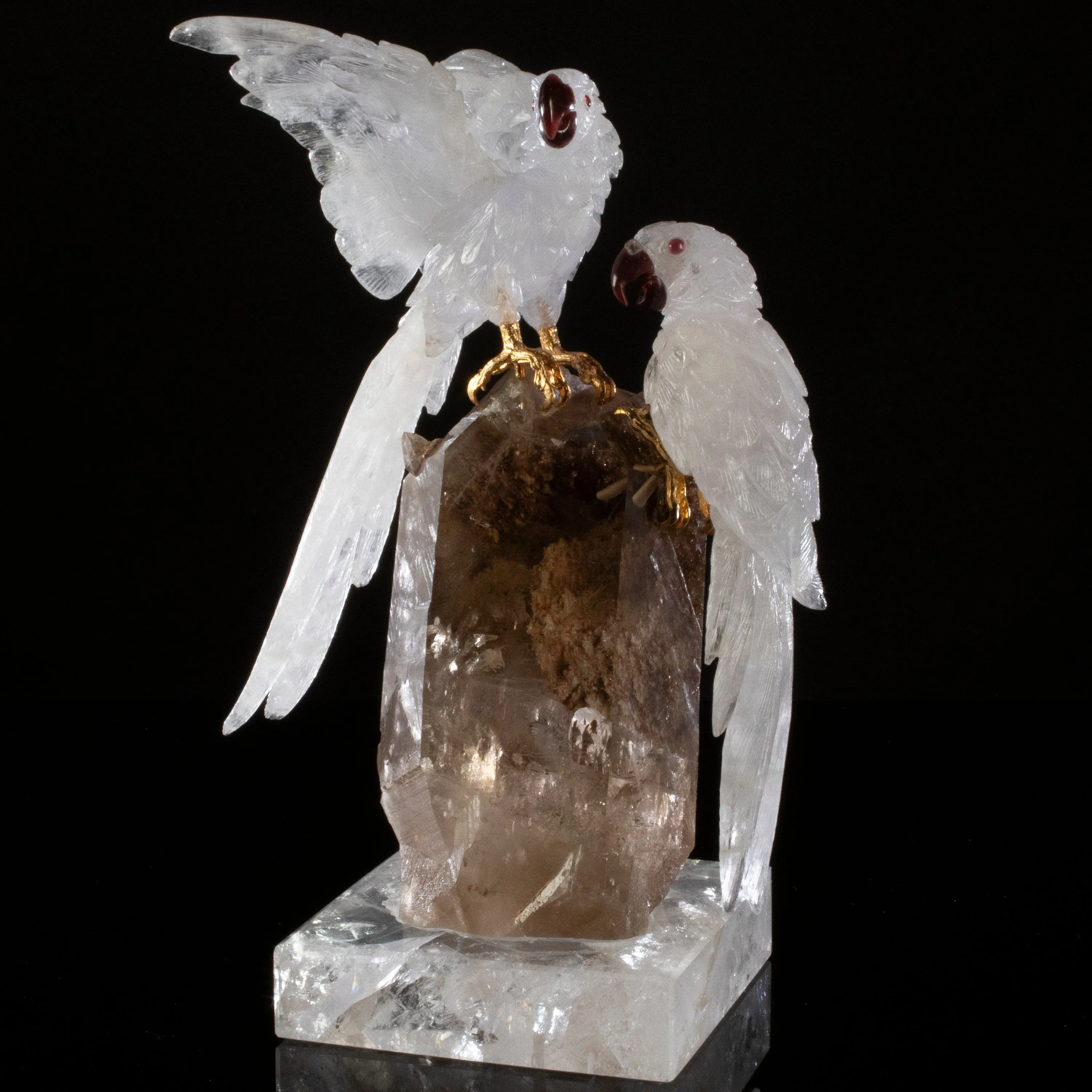 Peter Muller Blue Quartz Macaw Couple Love Birds Carving on Phantom Quartz Base