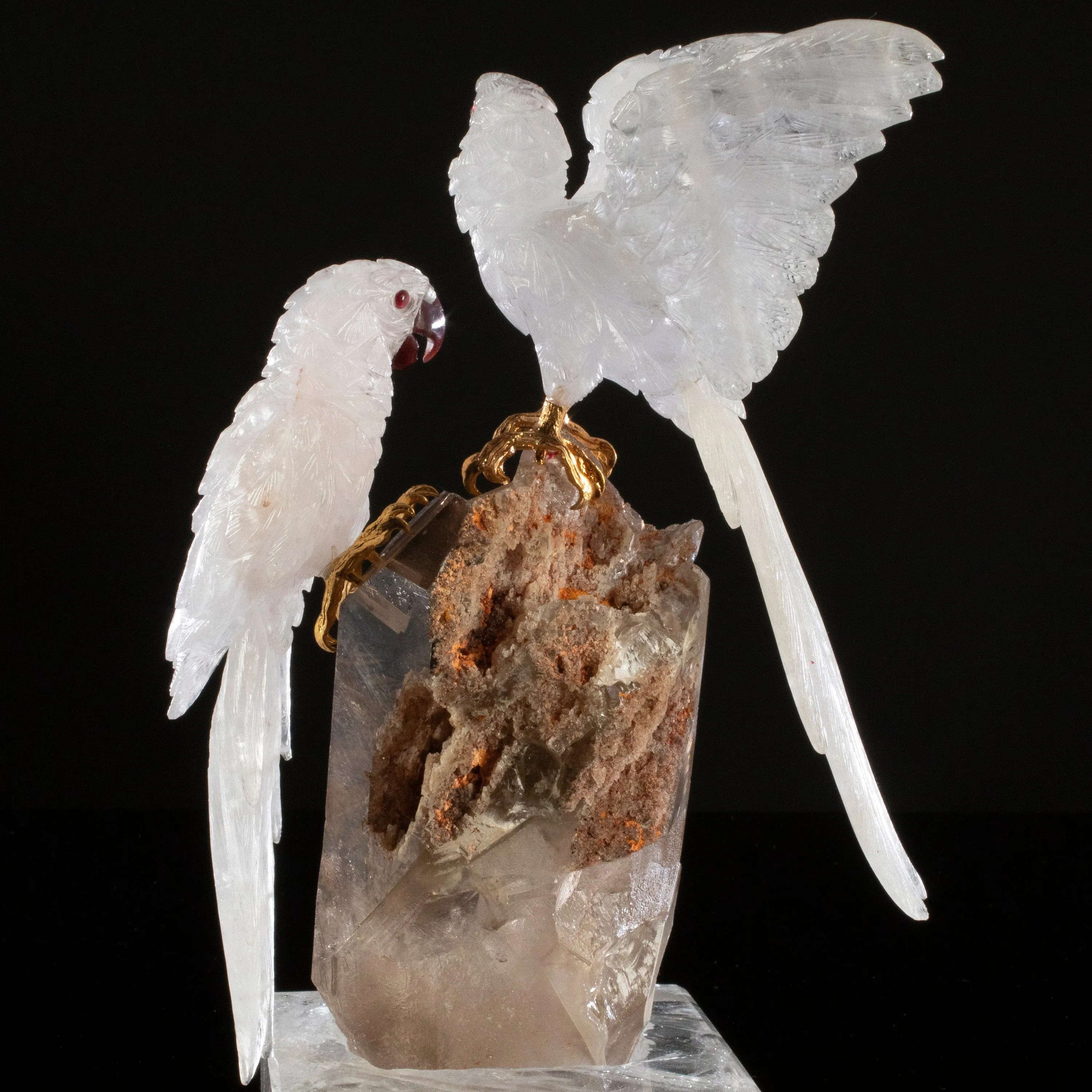 Peter Muller Blue Quartz Macaw Couple Love Birds Carving on Phantom Quartz Base