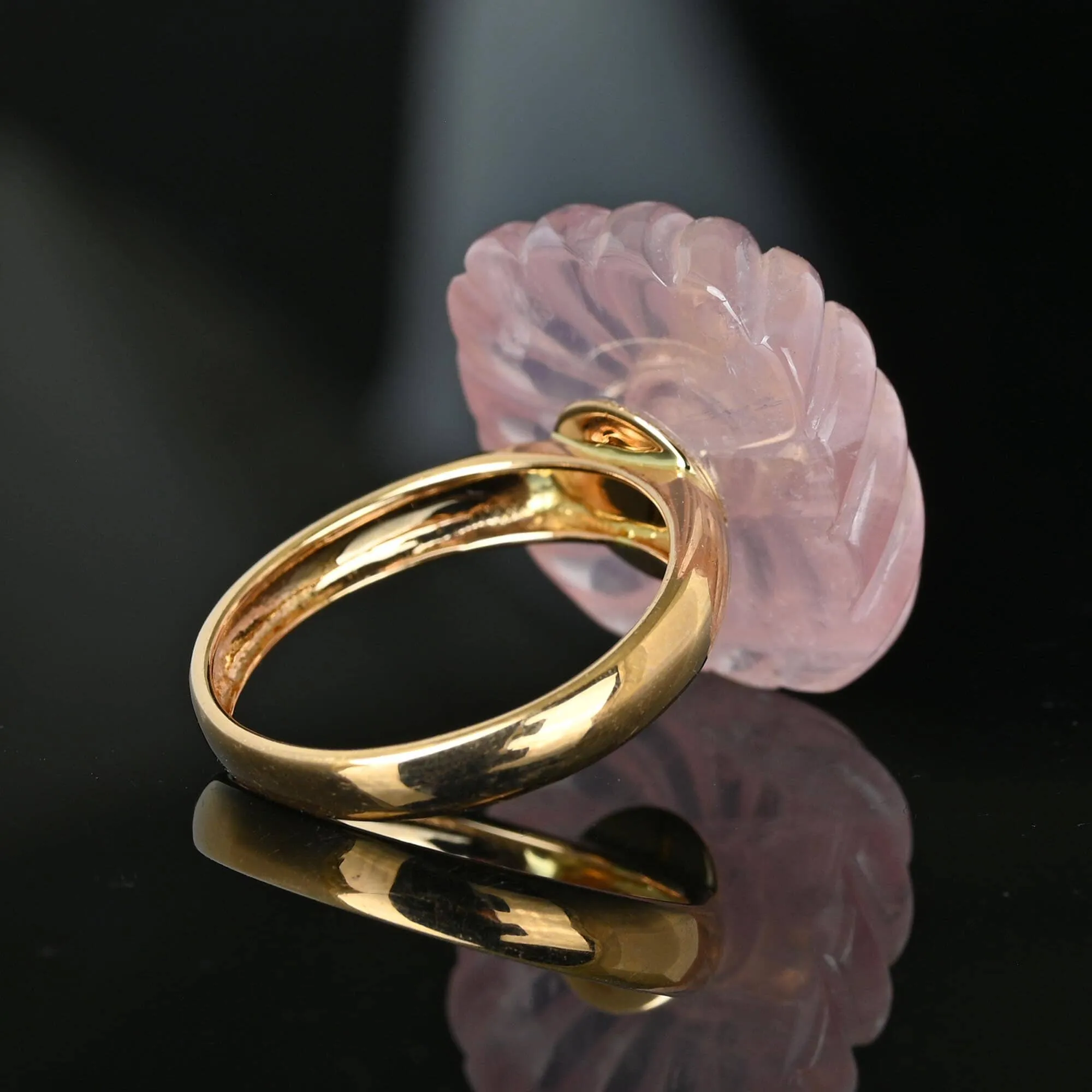 Pinwheel Carved Rose Quartz Blue Topaz Ring in 14K Gold