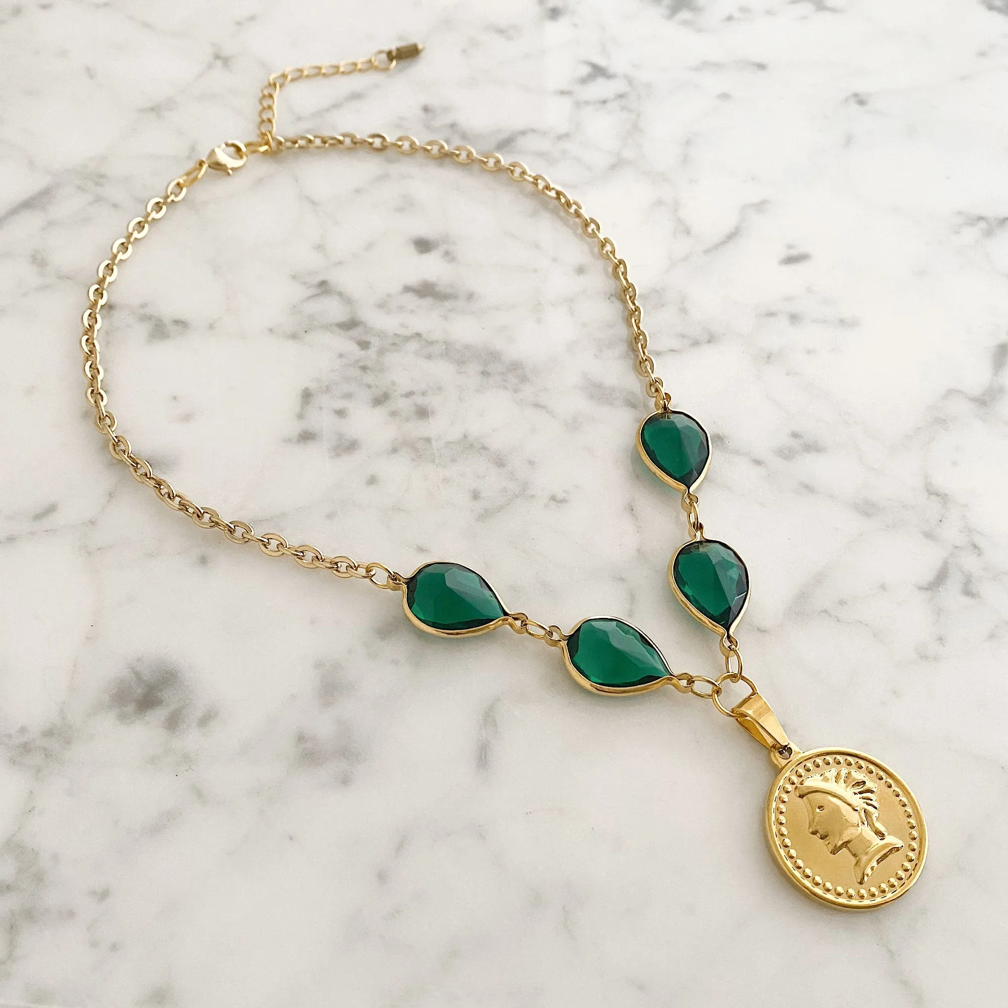 QUINN green crystal gold coin necklace