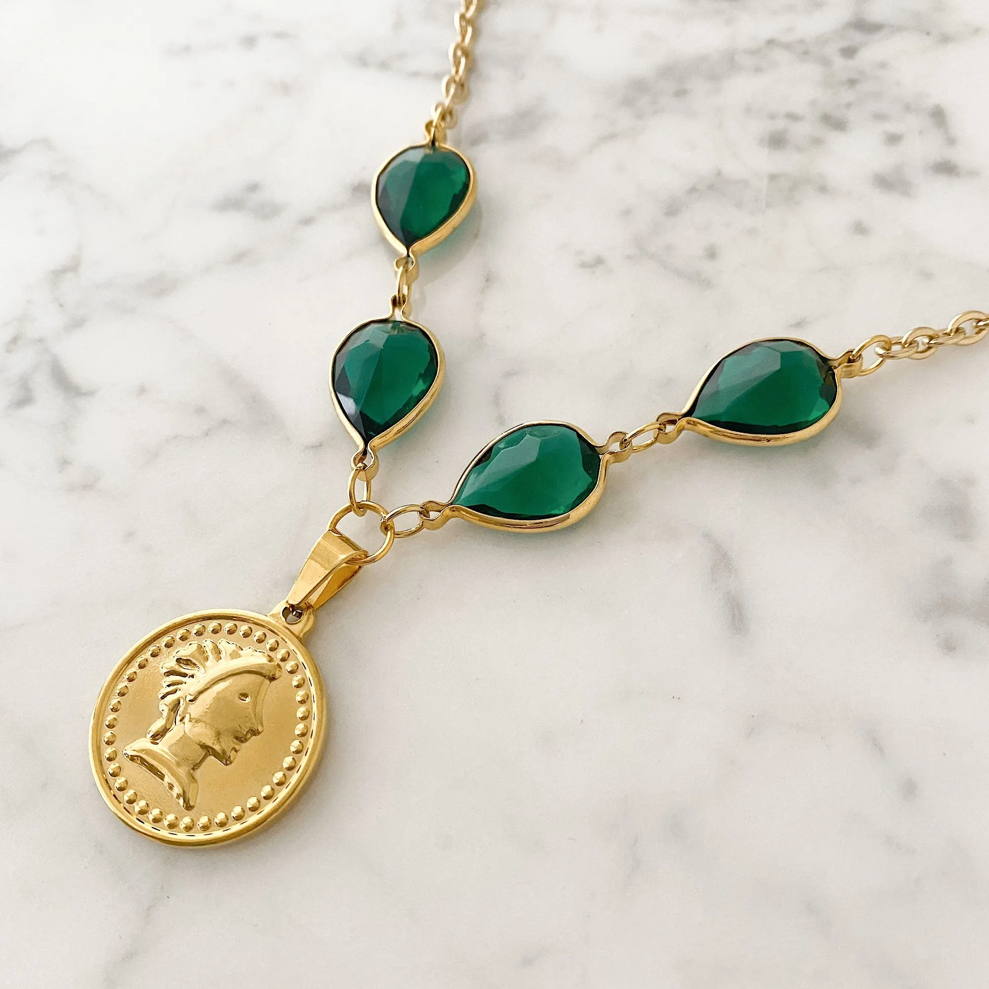 QUINN green crystal gold coin necklace