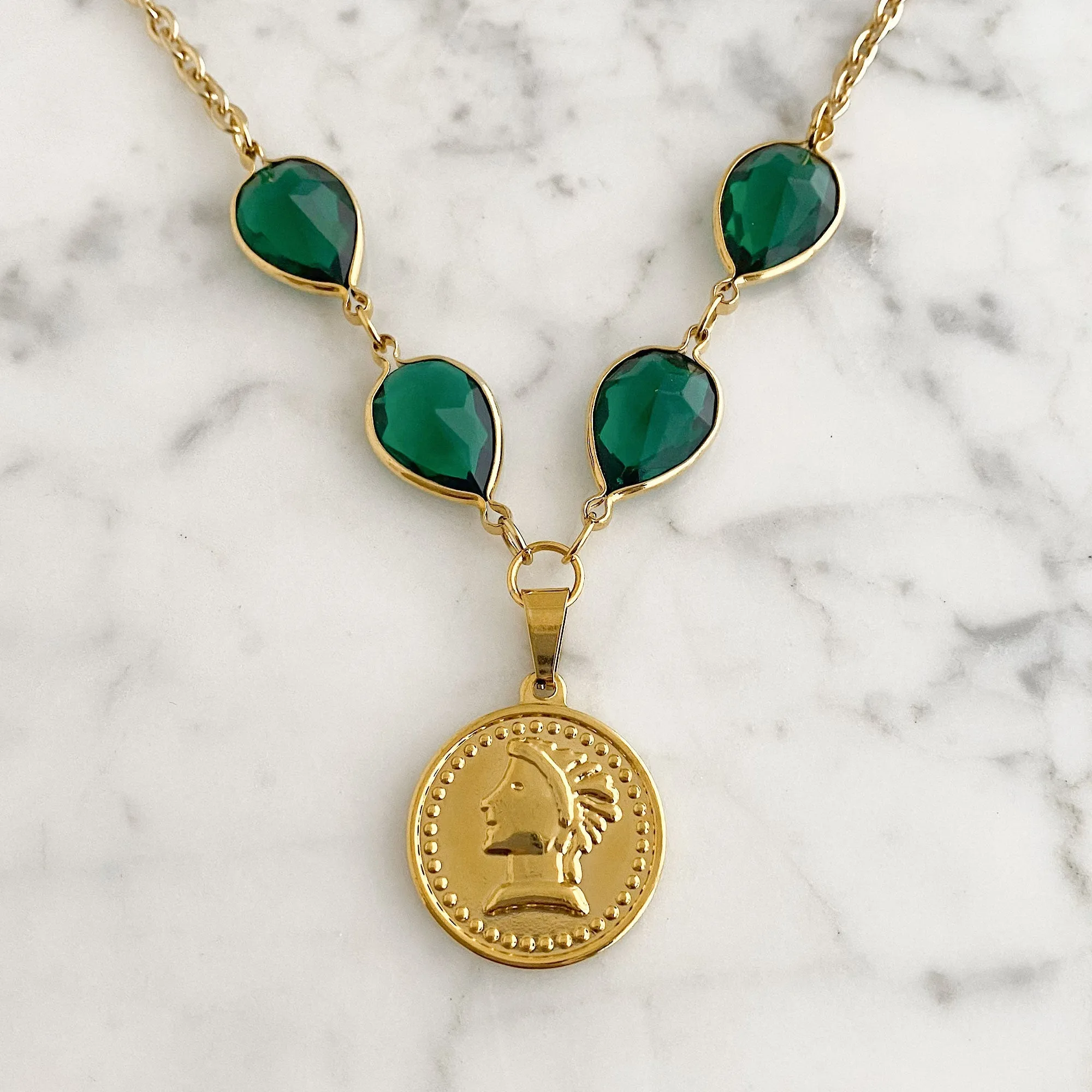 QUINN green crystal gold coin necklace