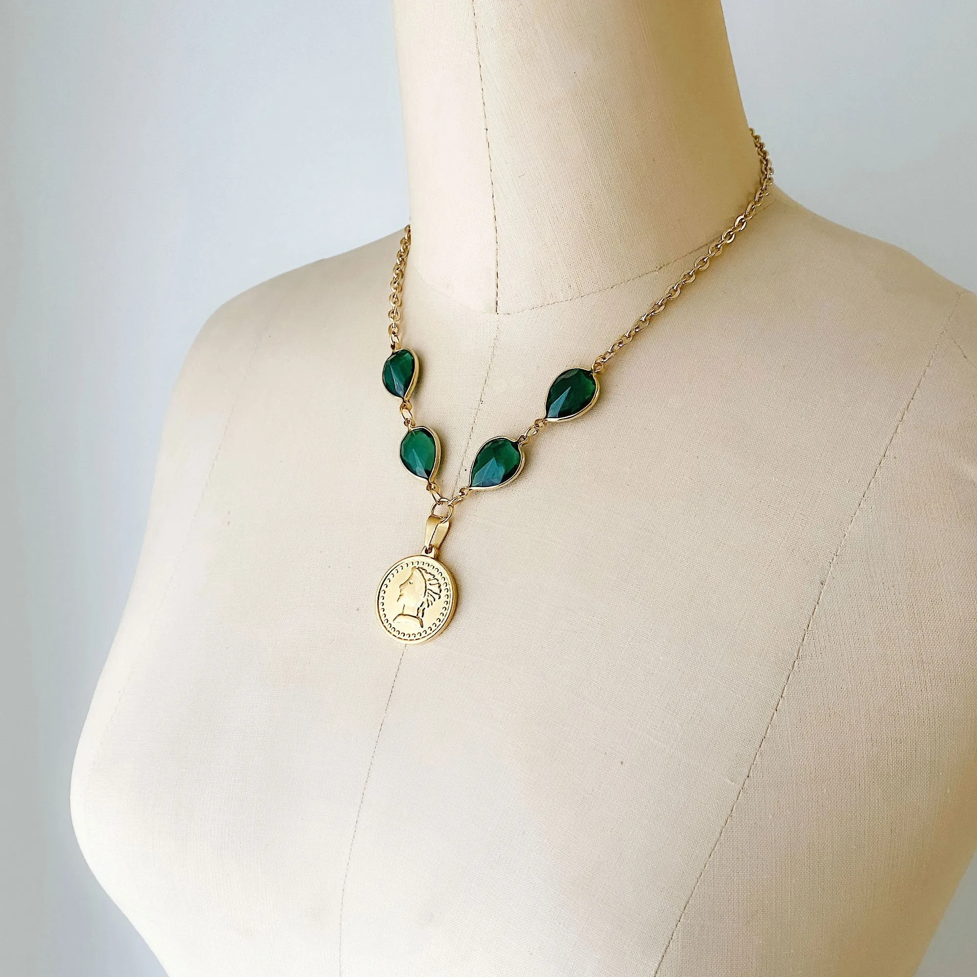 QUINN green crystal gold coin necklace